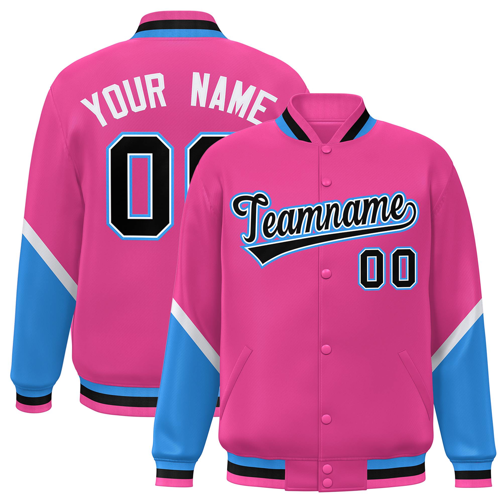 Custom Pink Powder Blue Varsity Full-Snap Color Block Letterman Baseball Jacket