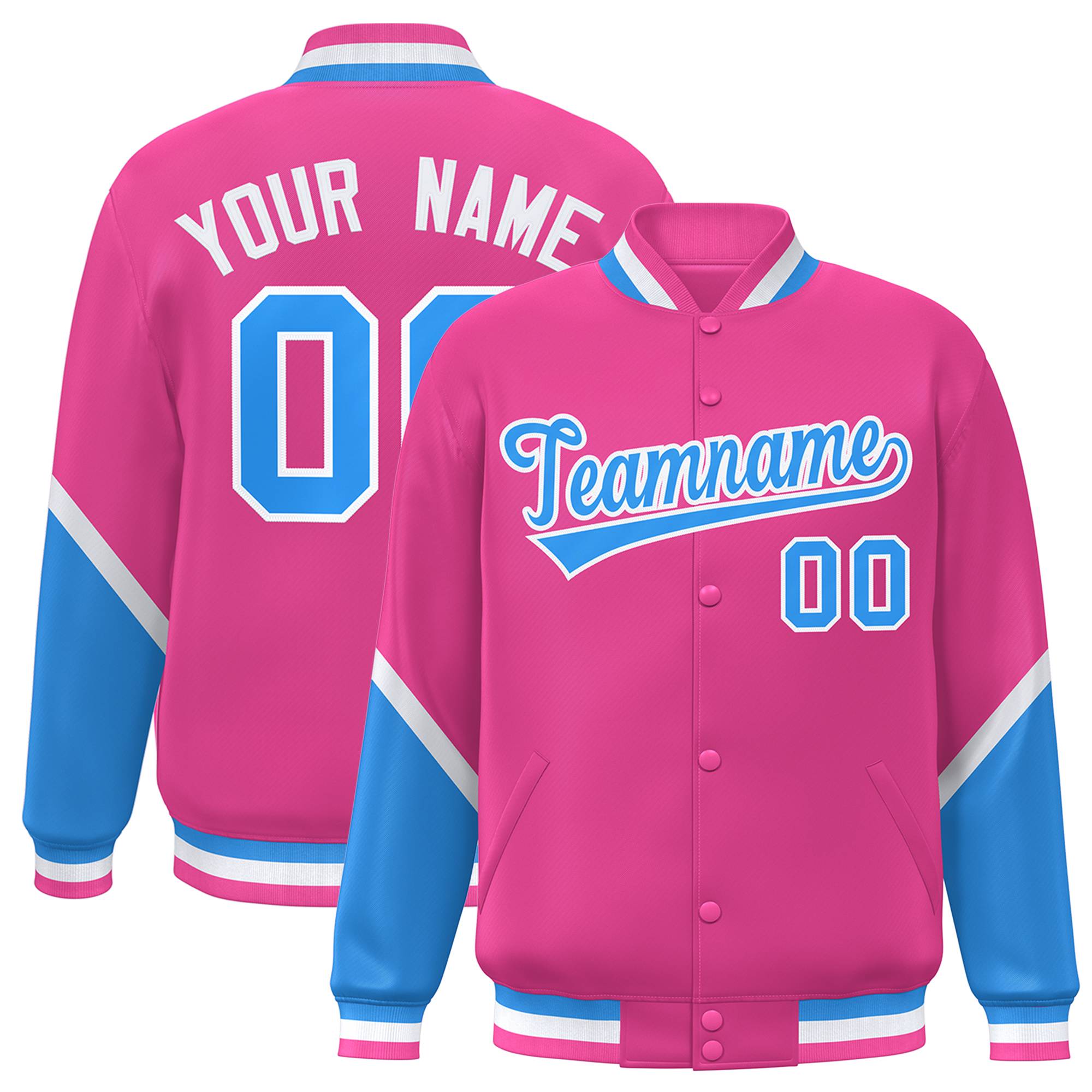 Custom Pink Powder Blue Varsity Full-Snap Color Block Letterman Baseball Jacket