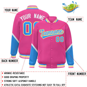 Custom Pink Powder Blue Varsity Full-Snap Color Block Letterman Baseball Jacket