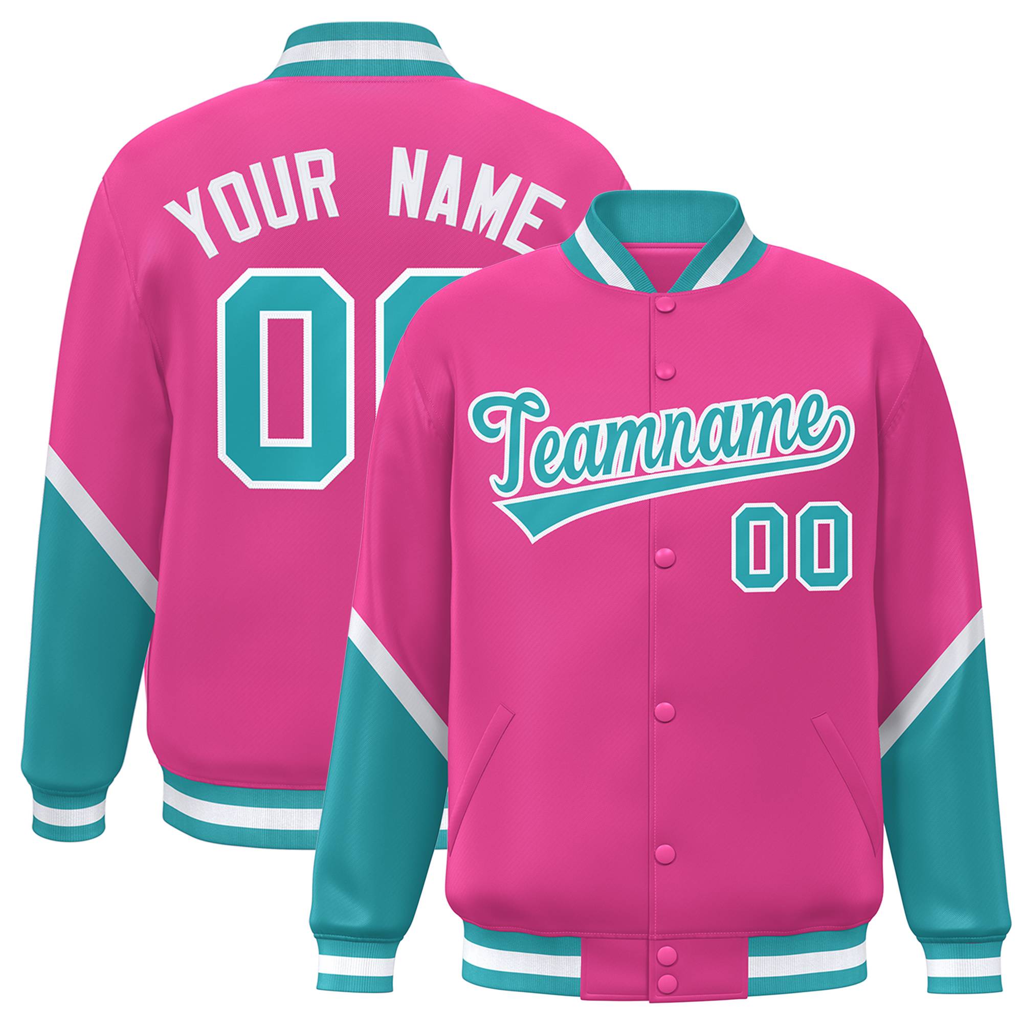 Custom Pink Aqua Varsity Full-Snap Color Block Letterman Baseball Jacket