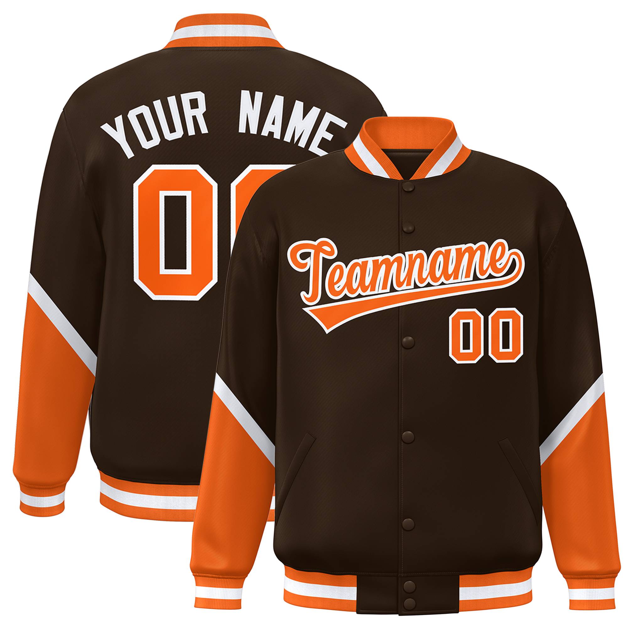 Custom Brown Orange Varsity Full-Snap Color Block Letterman Baseball Jacket