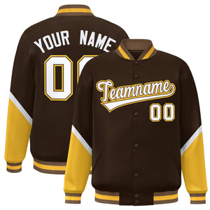 Custom Brown Gold Varsity Full-Snap Color Block Letterman Baseball Jacket