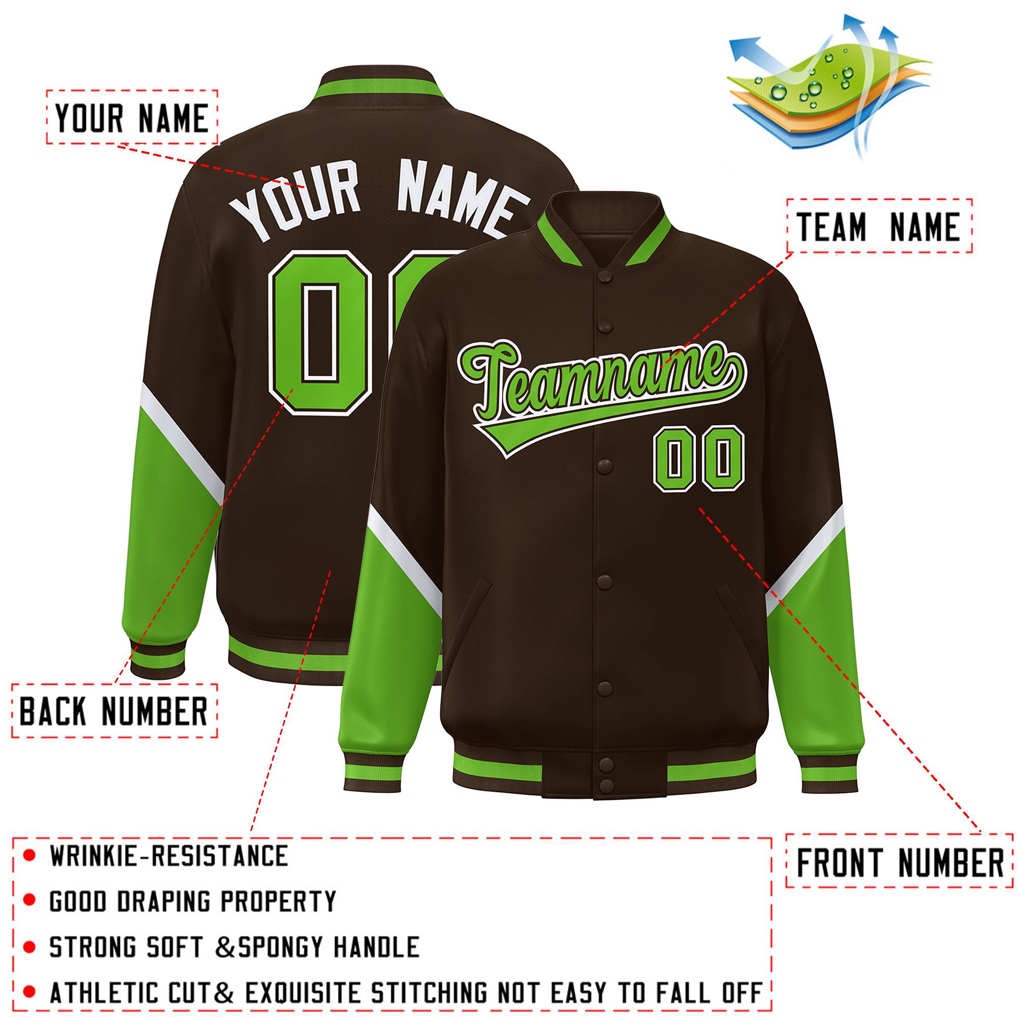 Custom Brown Green Varsity Full-Snap Color Block Letterman Baseball Jacket