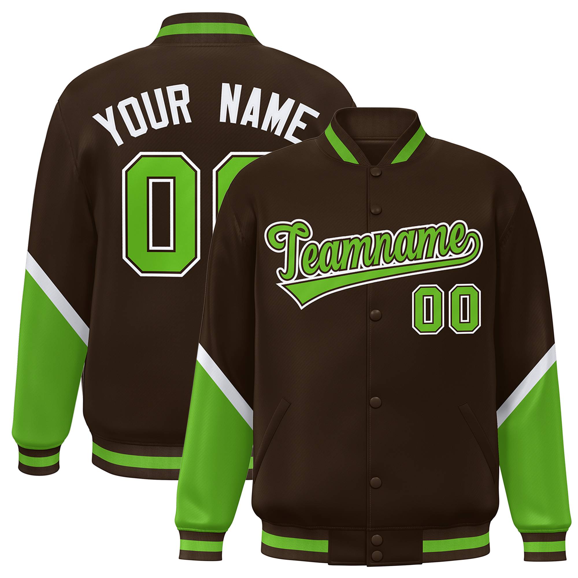 Custom Brown Green Varsity Full-Snap Color Block Letterman Baseball Jacket