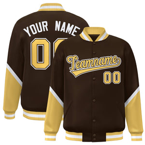 Custom Brown Khaki Varsity Full-Snap Color Block Letterman Baseball Jacket