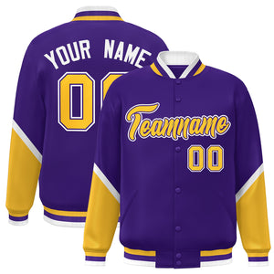 Custom Purple Gold Varsity Full-Snap Color Block Letterman Baseball Jacket