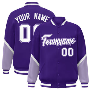 Custom Purple Light Purple Varsity Full-Snap Color Block Letterman Baseball Jacket