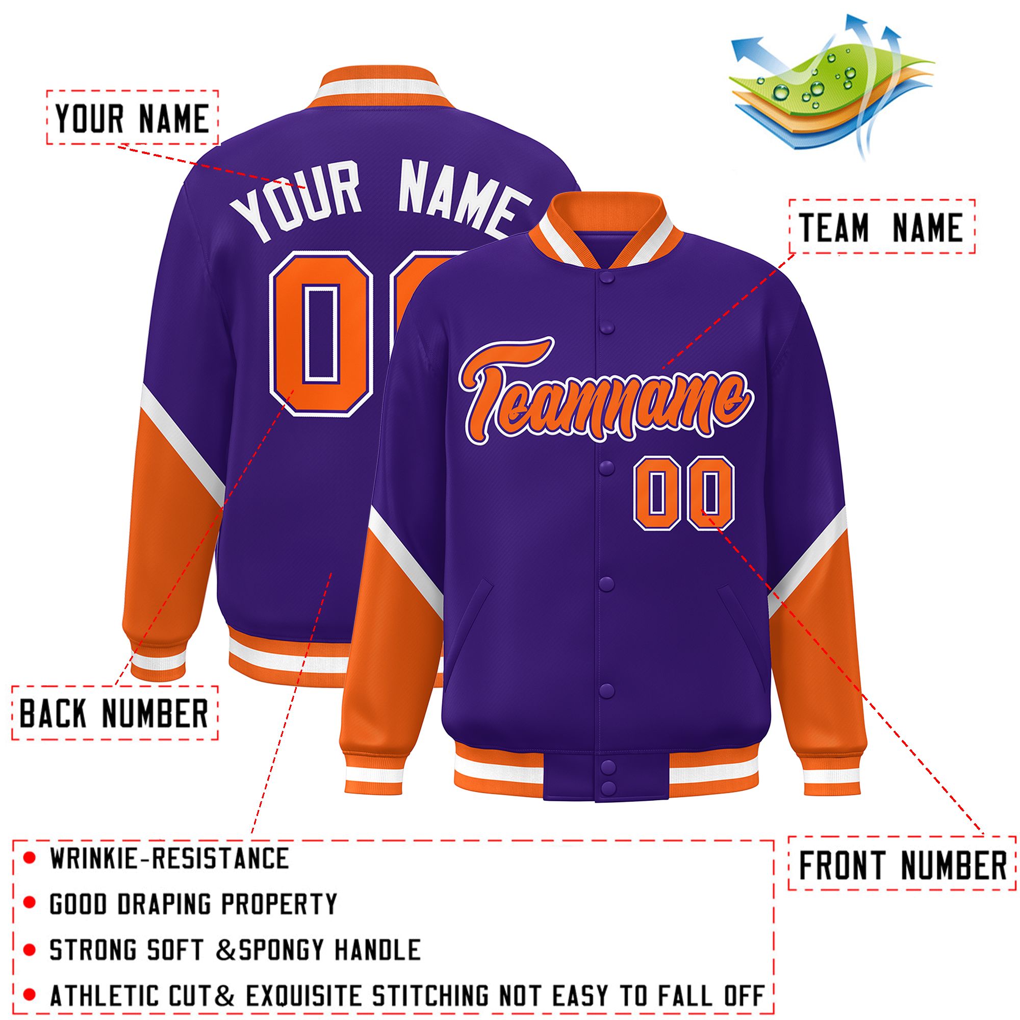 Custom Purple Orange Varsity Full-Snap Color Block Letterman Baseball Jacket