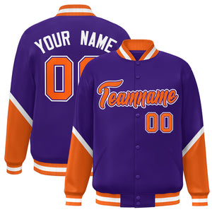 Custom Purple Orange Varsity Full-Snap Color Block Letterman Baseball Jacket