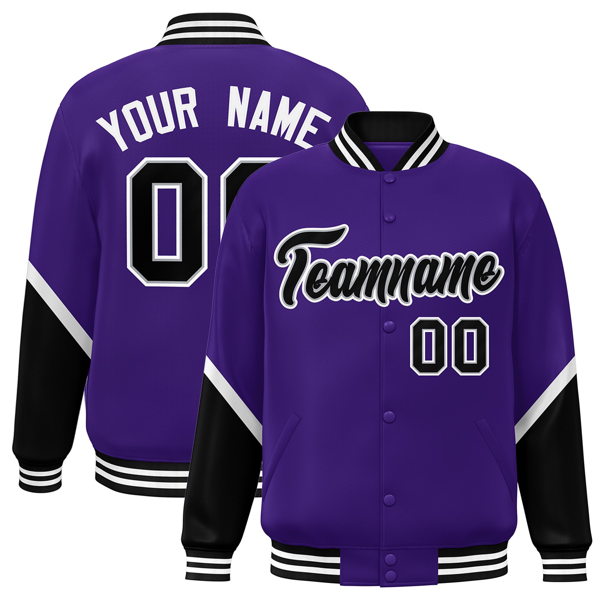 Custom Purple Black Varsity Full-Snap Color Block Letterman Baseball Jacket