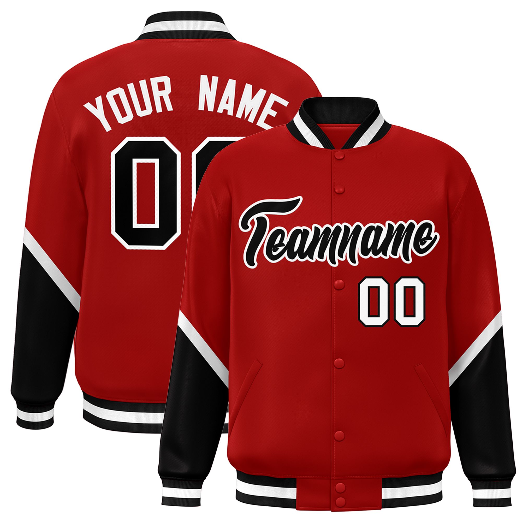 Custom Red Black Varsity Full-Snap Color Block Letterman Baseball Jacket