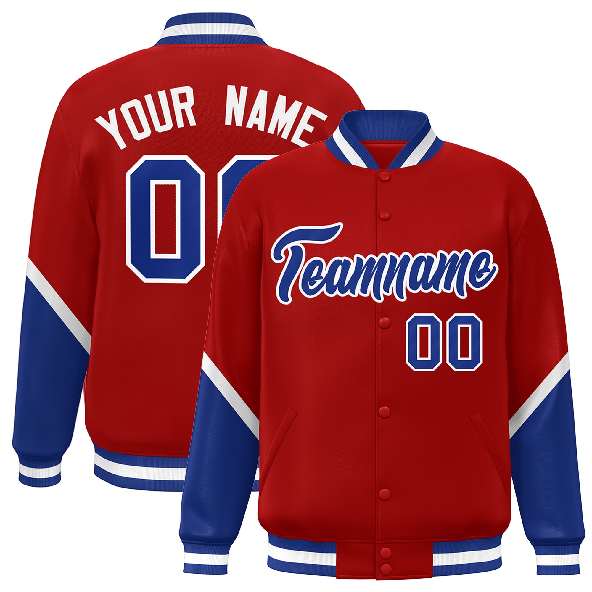 Custom Red Royal Varsity Full-Snap Color Block Letterman Baseball Jacket