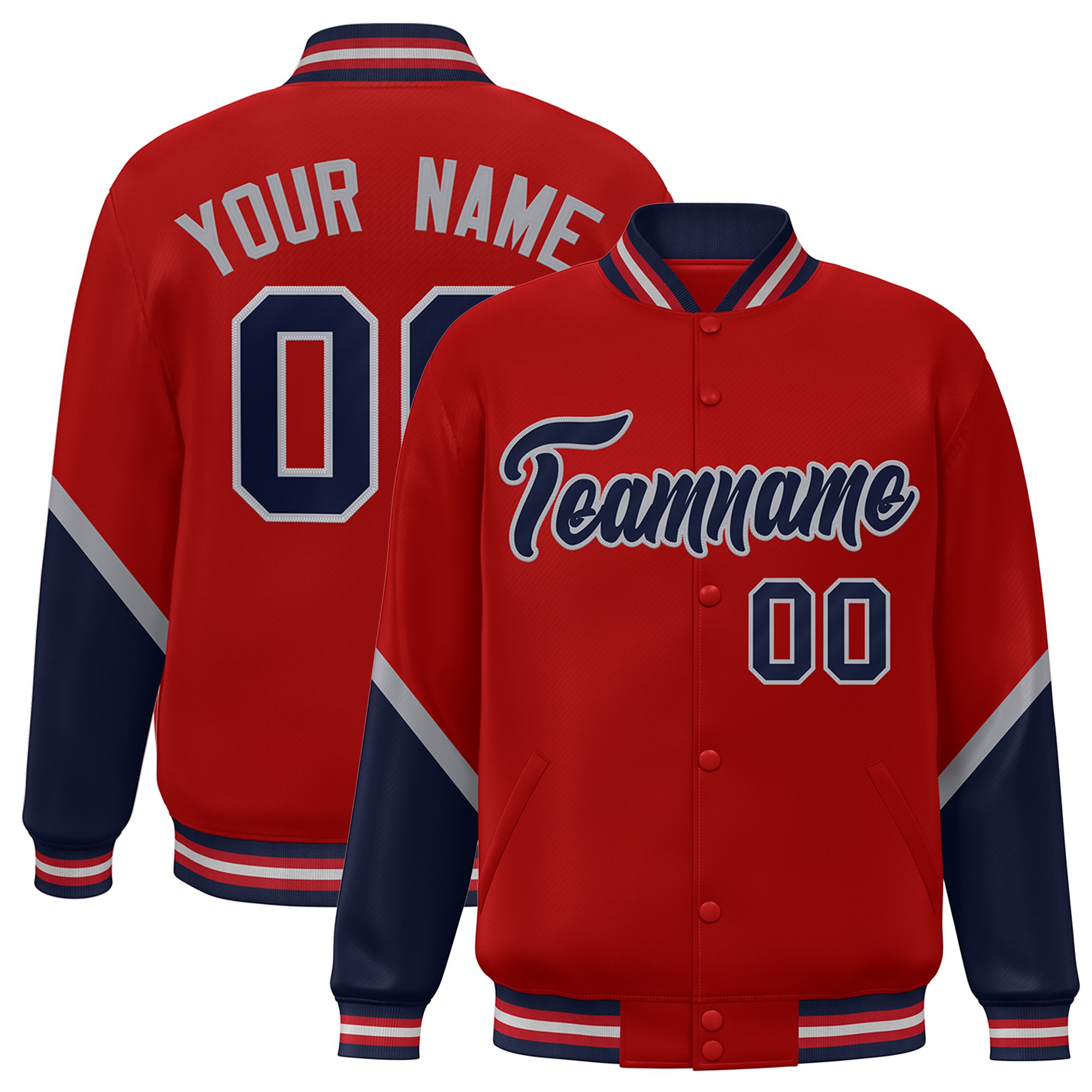 Custom Red Navy Varsity Full-Snap Color Block Letterman Baseball Jacket