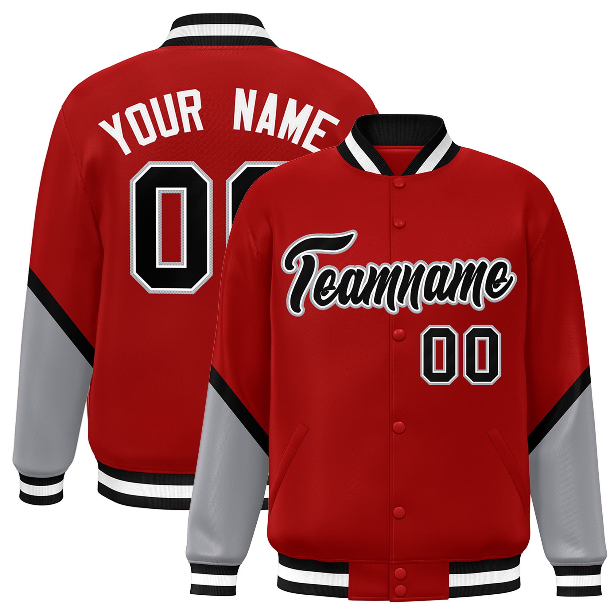 Custom Red Gray Varsity Full-Snap Color Block Letterman Baseball Jacket