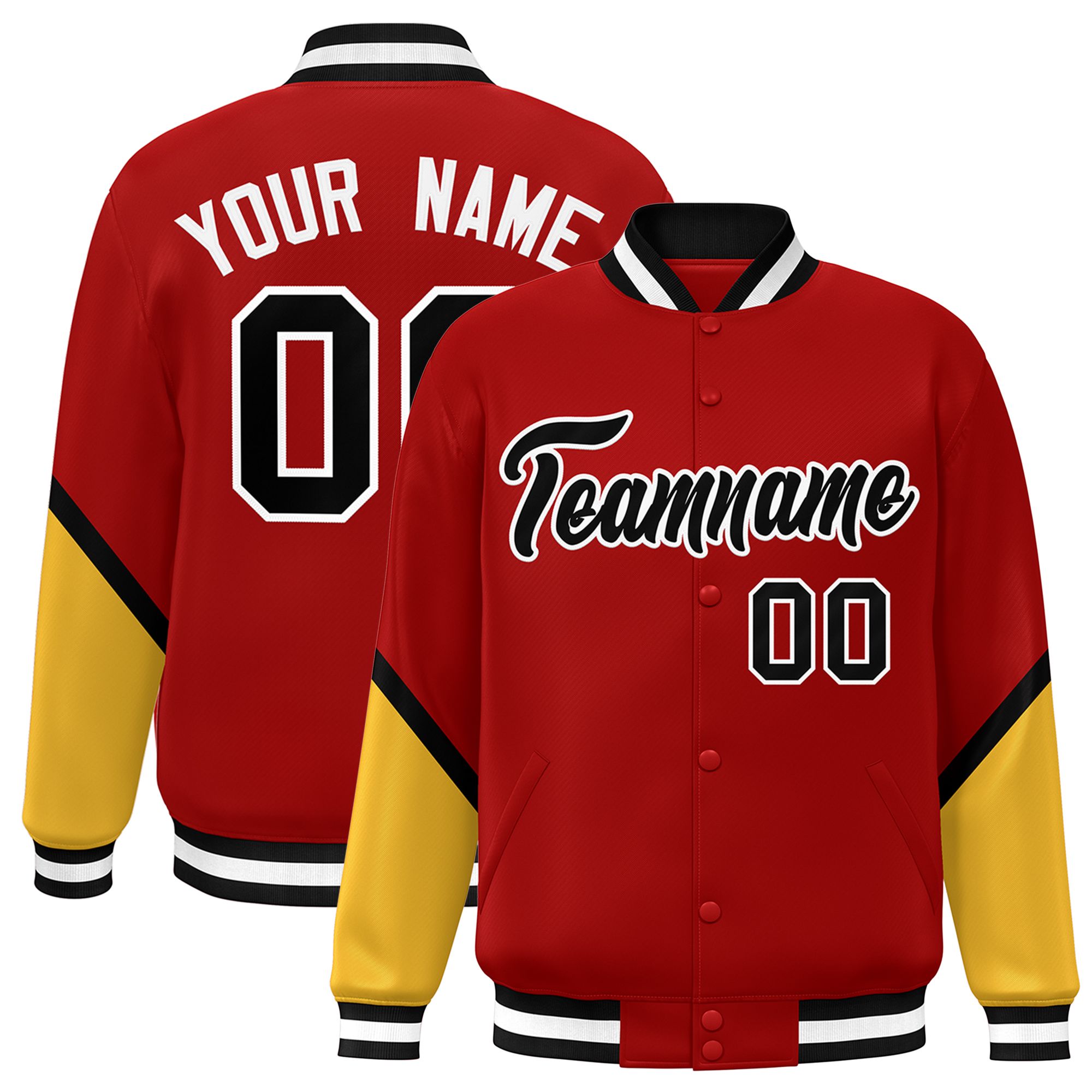 Custom Red Gold Varsity Full-Snap Color Block Letterman Baseball Jacket