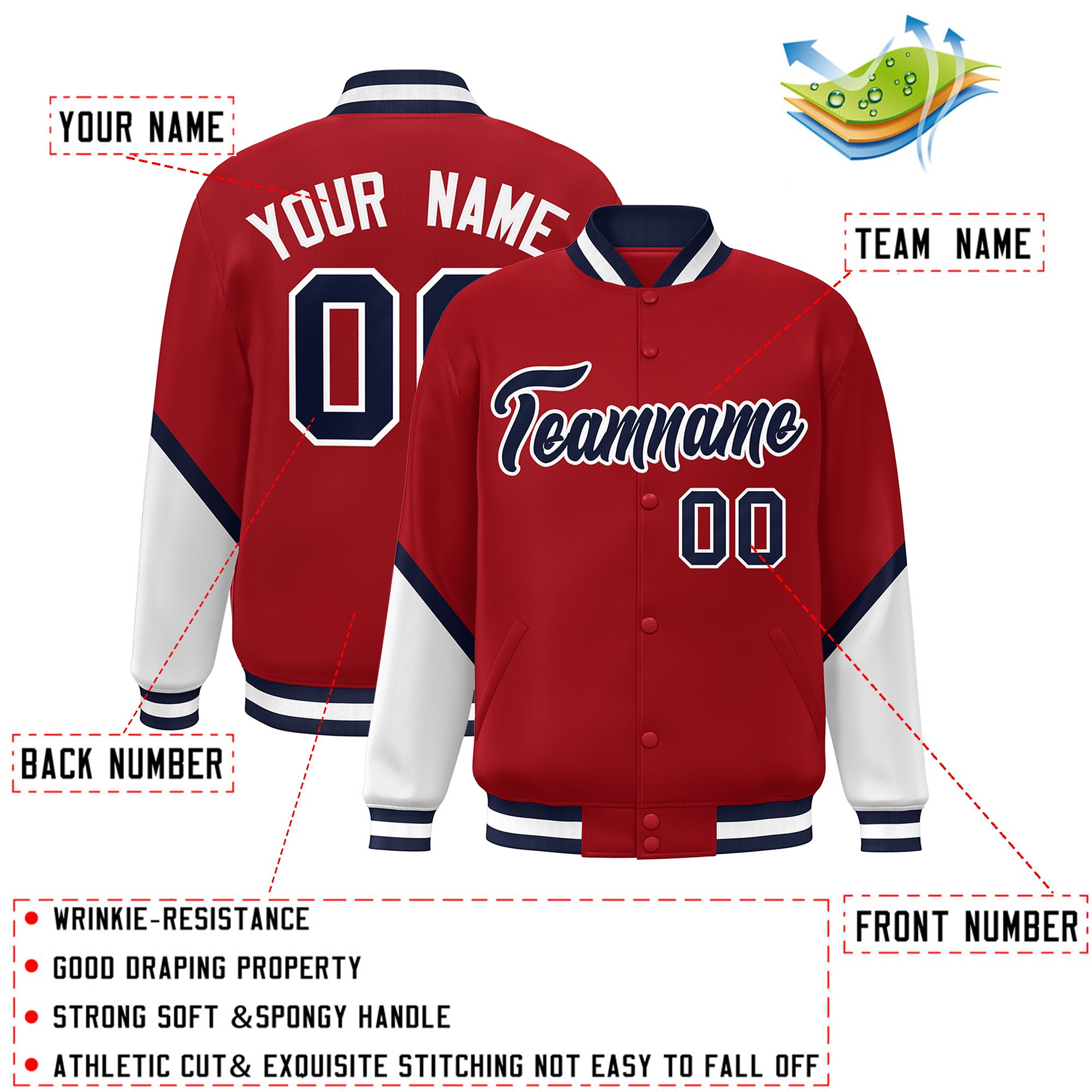 Custom Red White Varsity Full-Snap Color Block Letterman Baseball Jacket