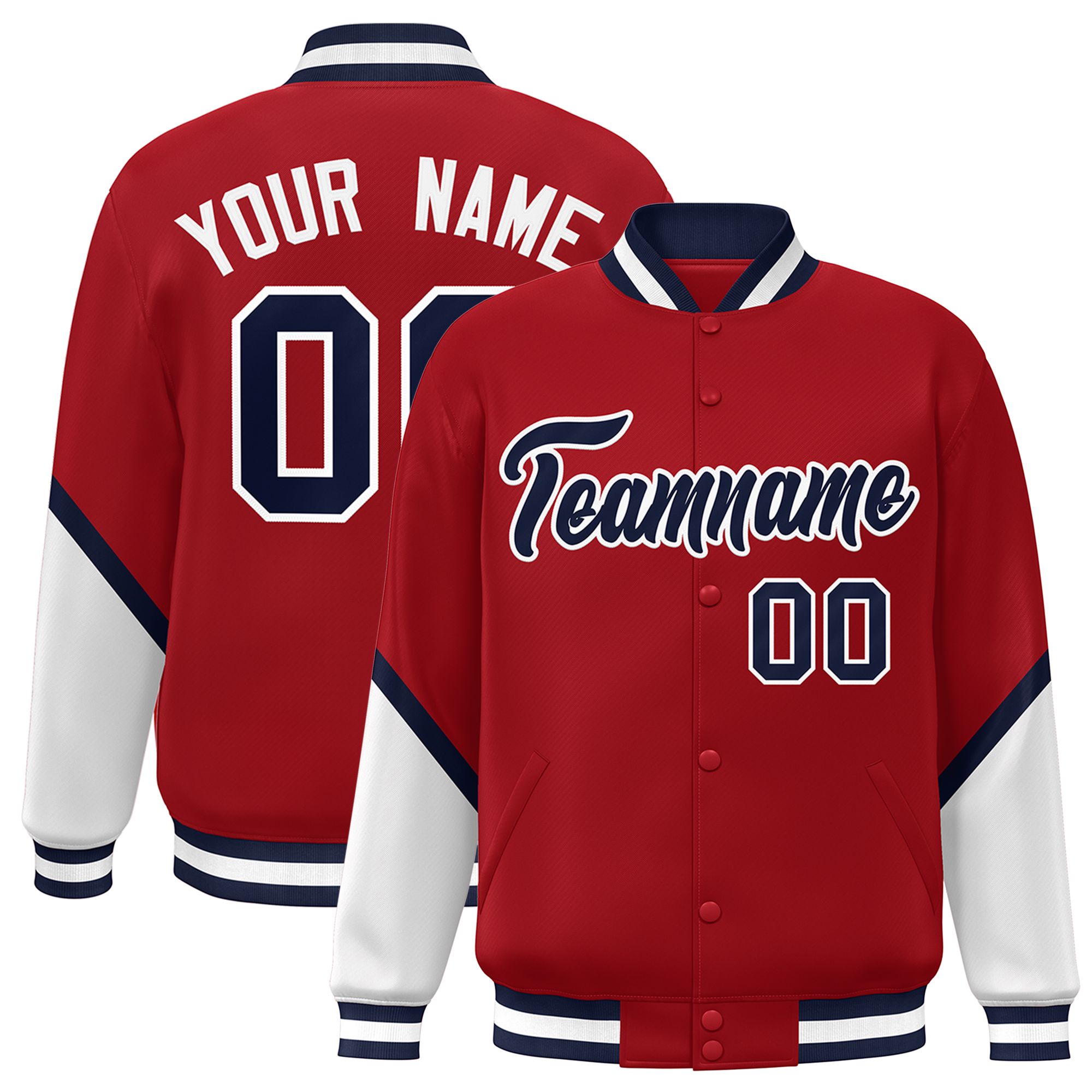 Custom Red White Varsity Full-Snap Color Block Letterman Baseball Jacket