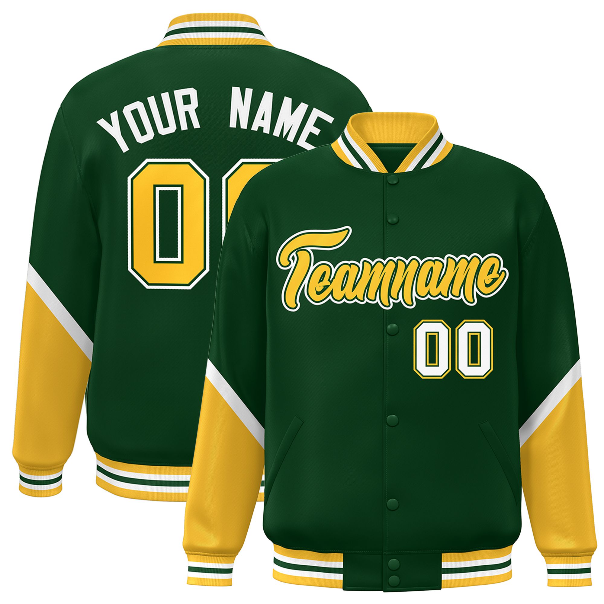 Custom Green Gold Varsity Full-Snap Color Block Letterman Baseball Jacket