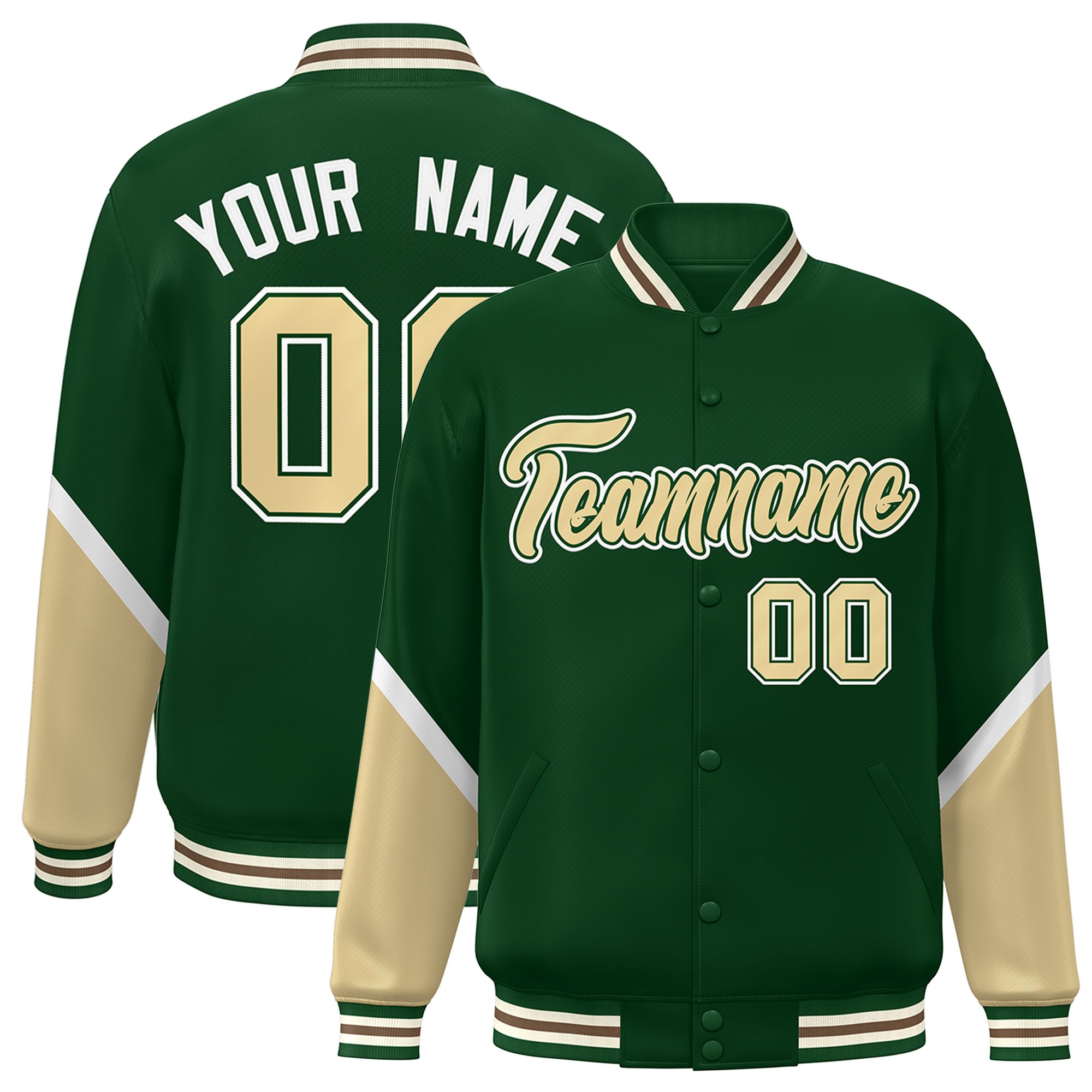 Custom Green Khaki Varsity Full-Snap Color Block Letterman Baseball Jacket