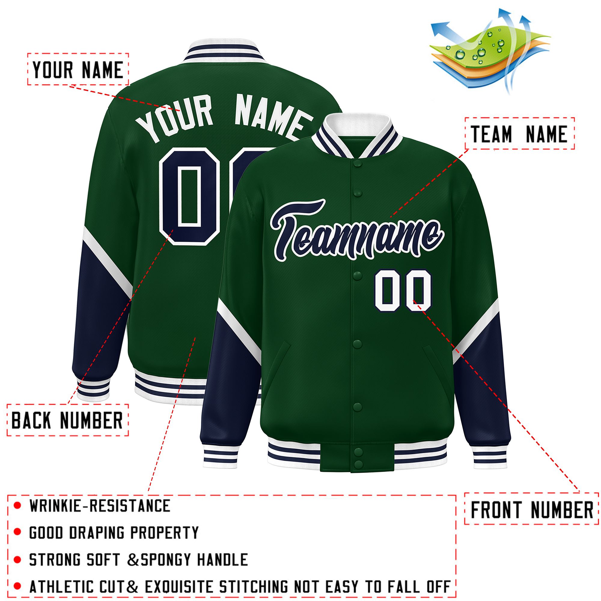 Custom Green Navy Varsity Full-Snap Color Block Letterman Baseball Jacket