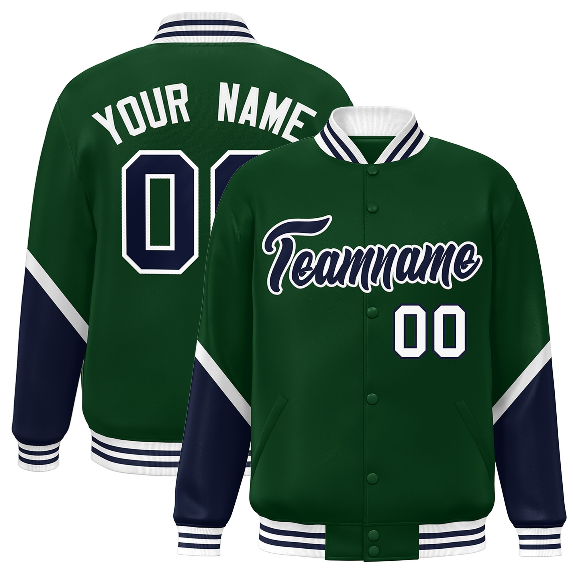 Custom Green Navy Varsity Full-Snap Color Block Letterman Baseball Jacket