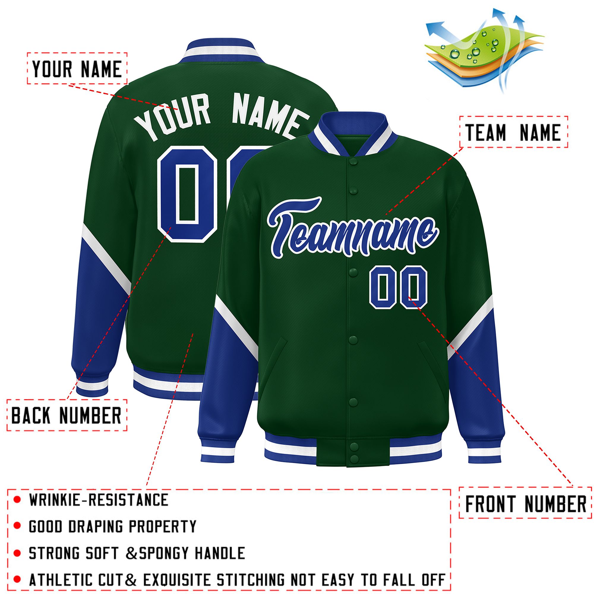 Custom Green Royal Varsity Full-Snap Color Block Letterman Baseball Jacket