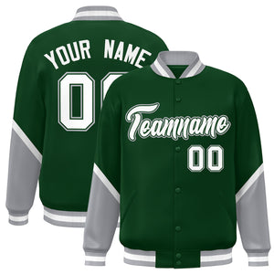 Custom Green Gray Varsity Full-Snap Color Block Letterman Baseball Jacket