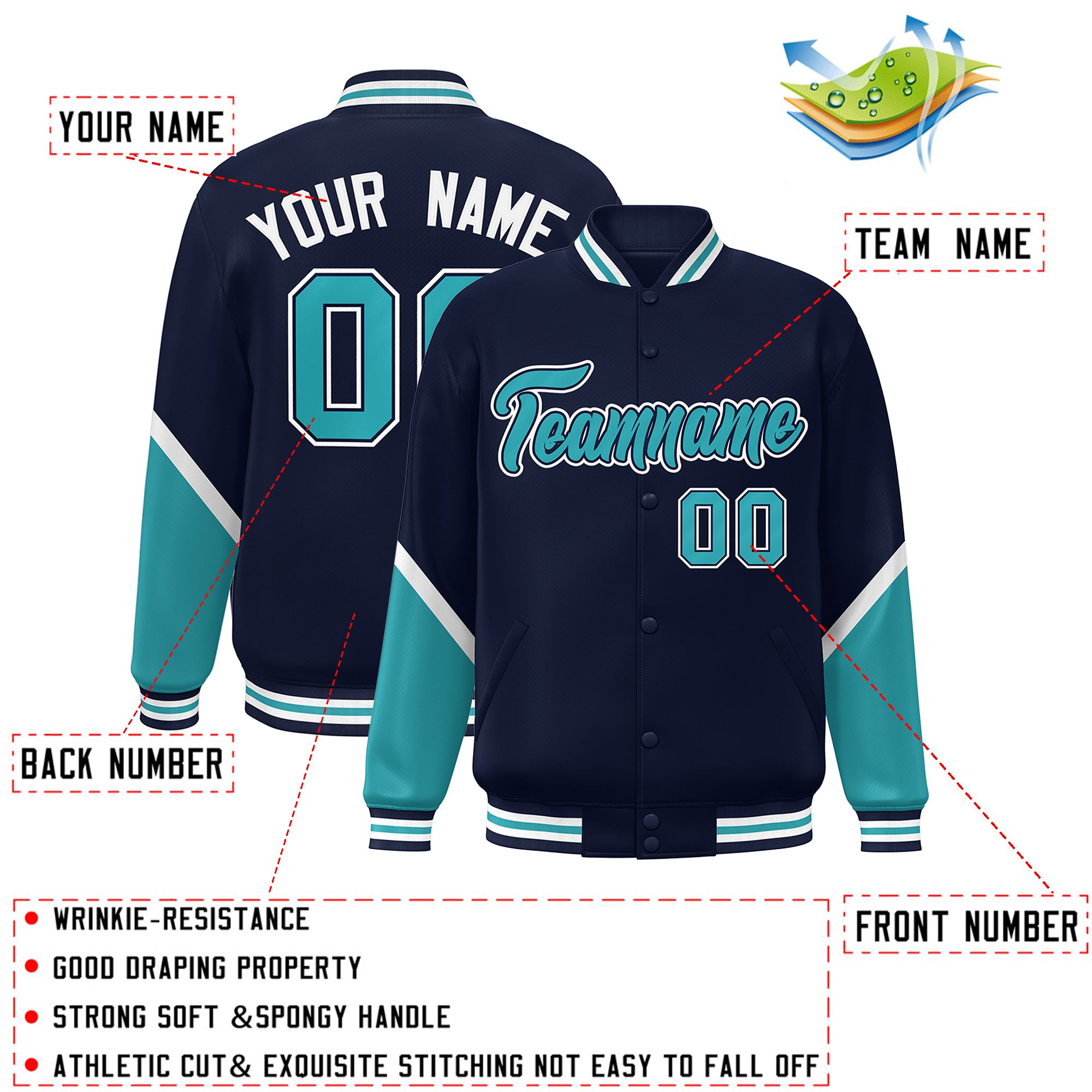 Custom Navy Aqua Varsity Full-Snap Color Block Letterman Baseball Jacket