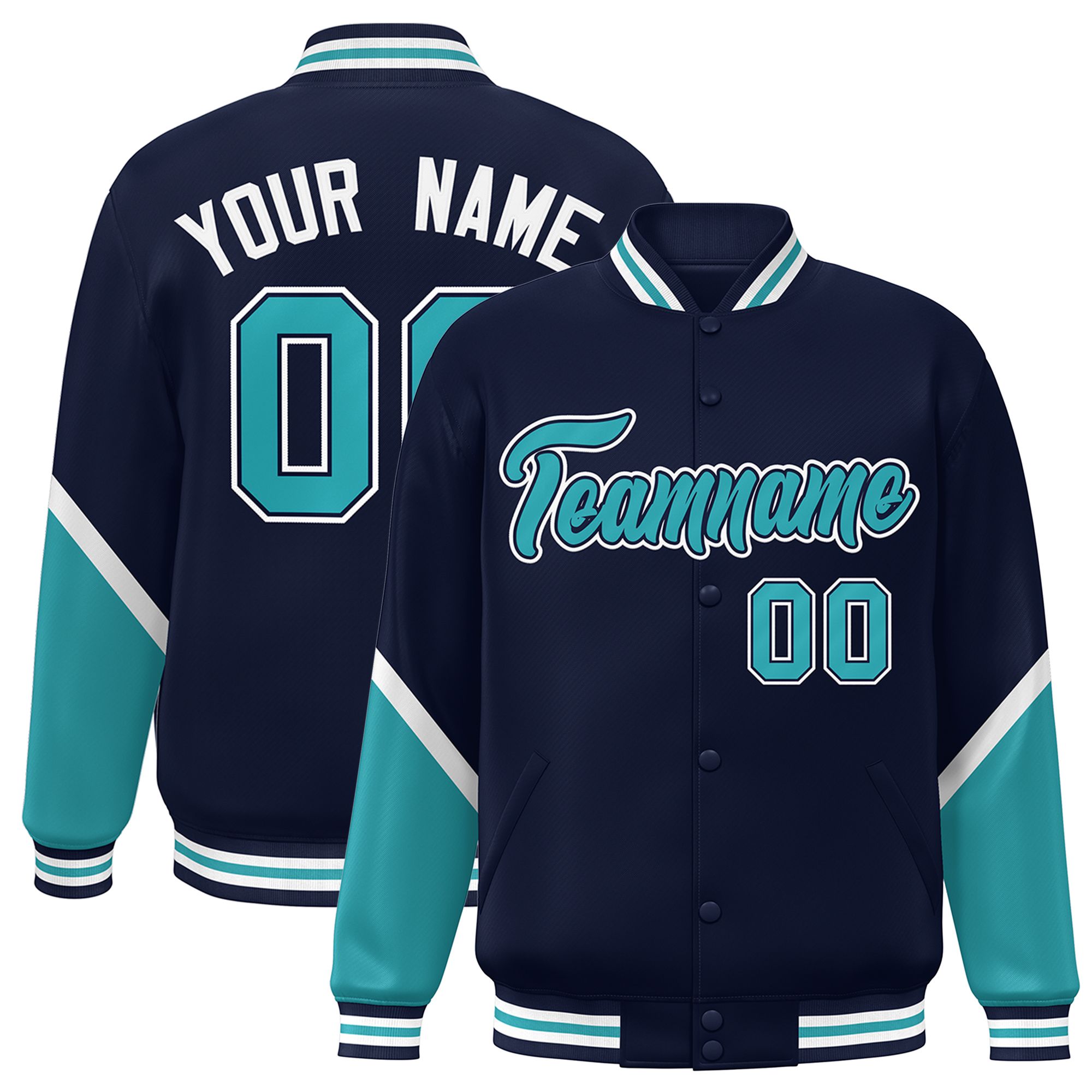 Custom Navy Aqua Varsity Full-Snap Color Block Letterman Baseball Jacket