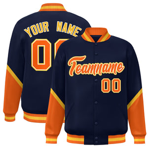 Custom Navy Orange Varsity Full-Snap Color Block Letterman Baseball Jacket