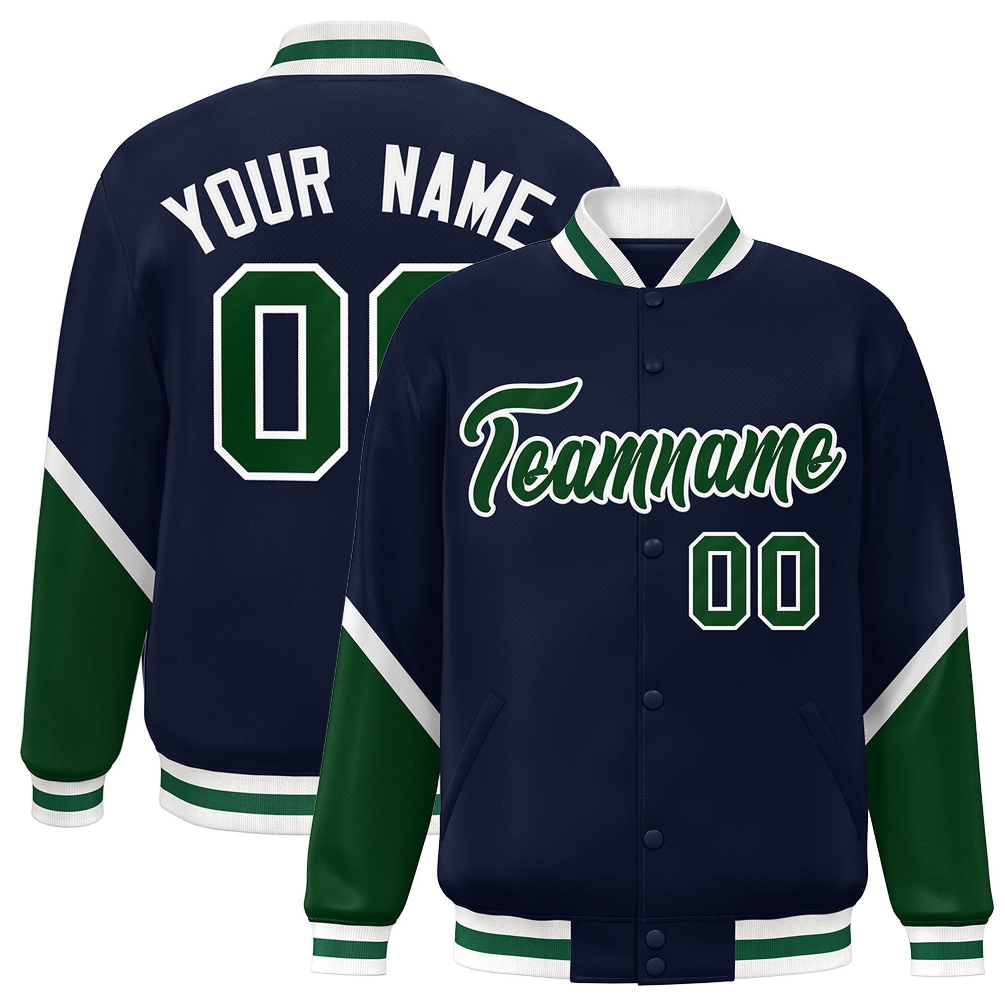 Custom Navy Green Varsity Full-Snap Color Block Letterman Baseball Jacket