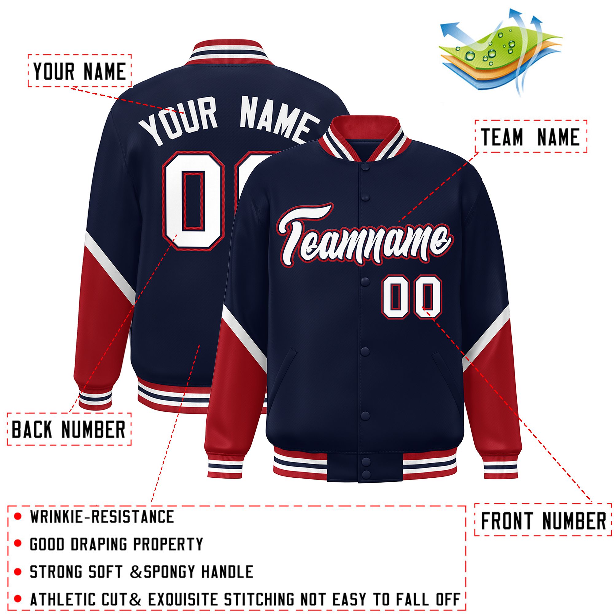 Custom Navy Red Varsity Full-Snap Color Block Letterman Baseball Jacket