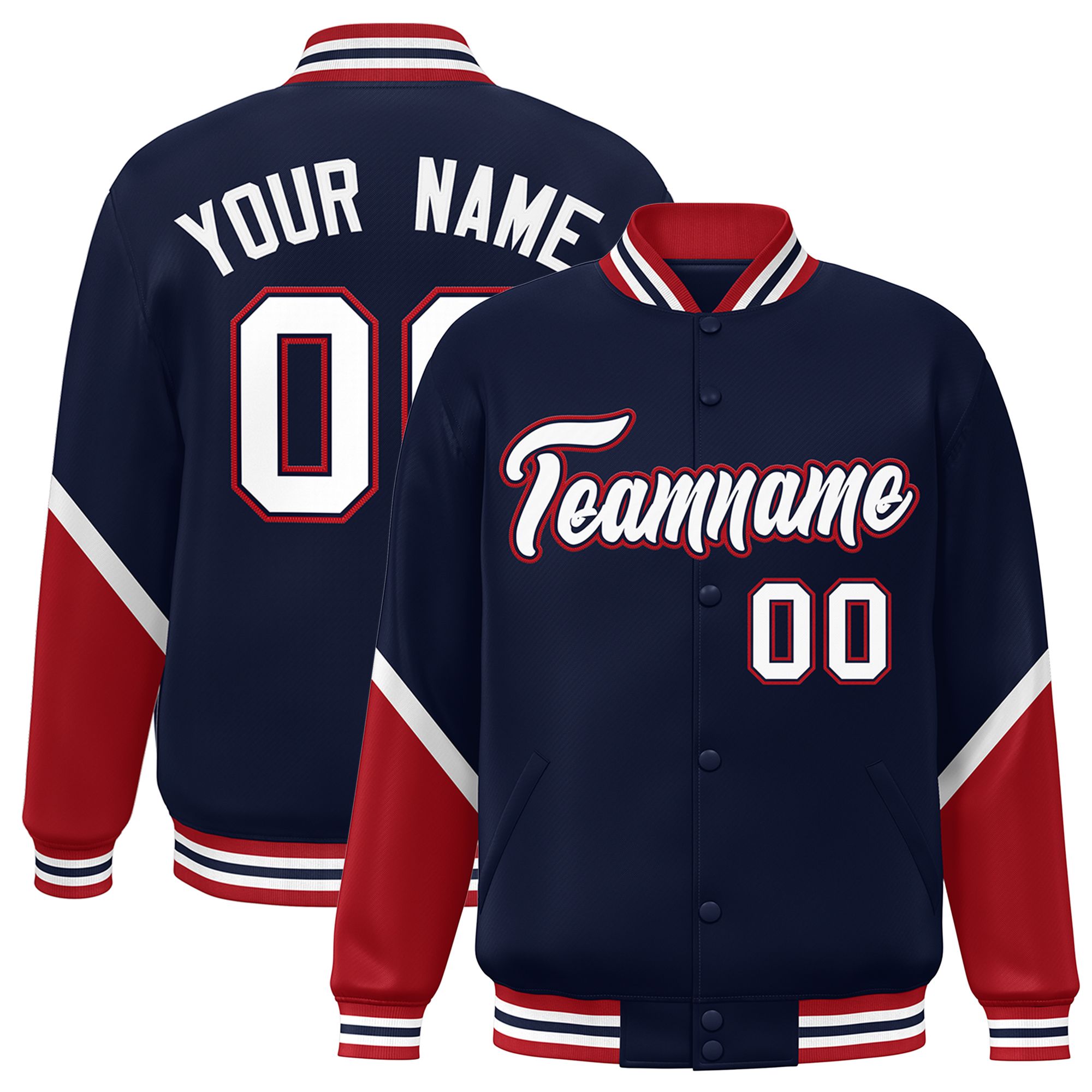 Custom Navy Red Varsity Full-Snap Color Block Letterman Baseball Jacket