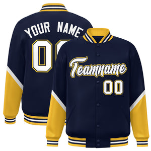 Custom Navy Gold Varsity Full-Snap Color Block Letterman Baseball Jacket