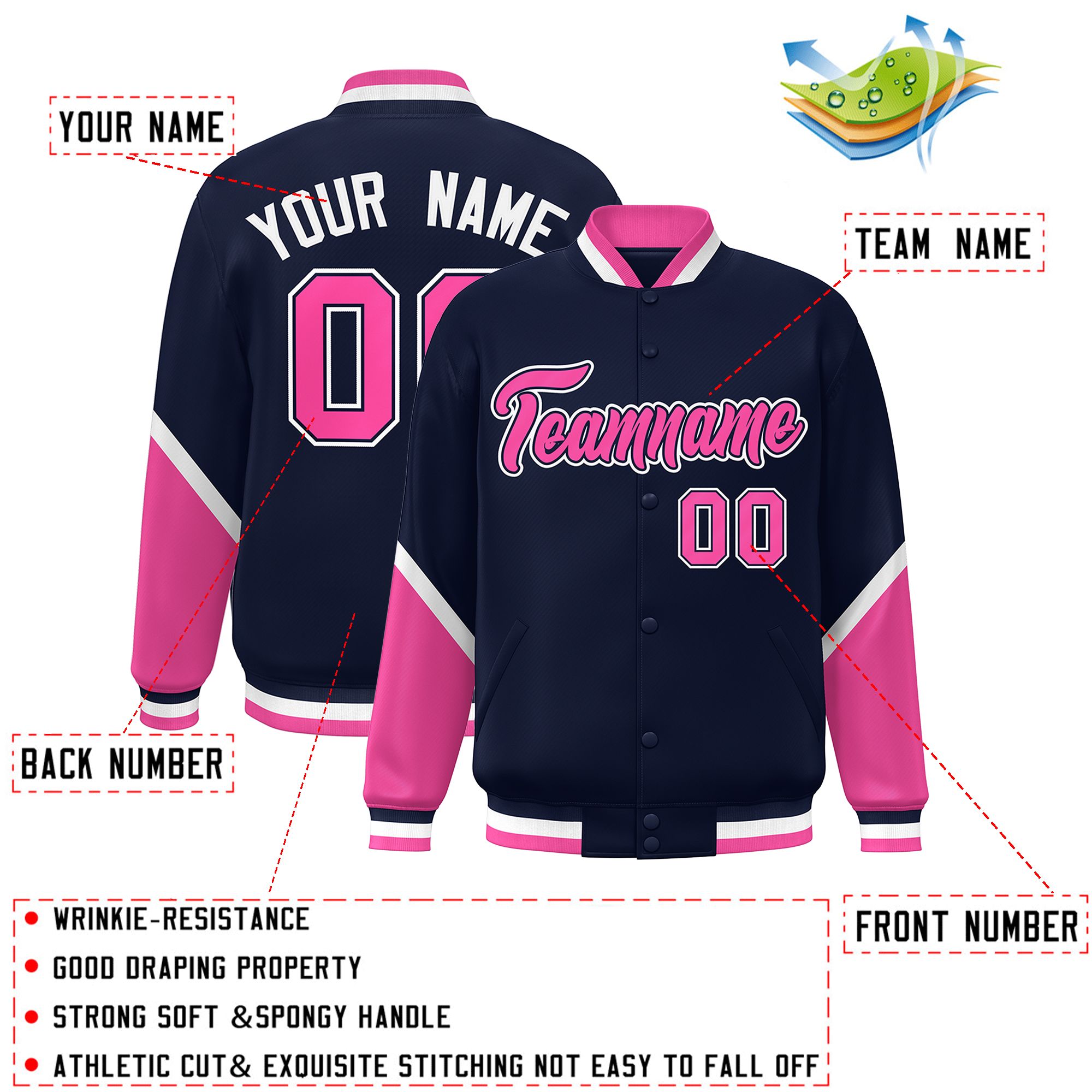 Custom Navy Pink Varsity Full-Snap Color Block Letterman Baseball Jacket