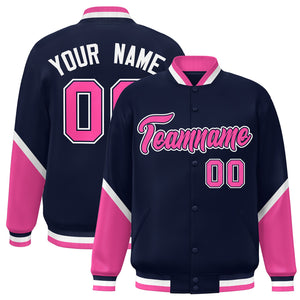 Custom Navy Pink Varsity Full-Snap Color Block Letterman Baseball Jacket