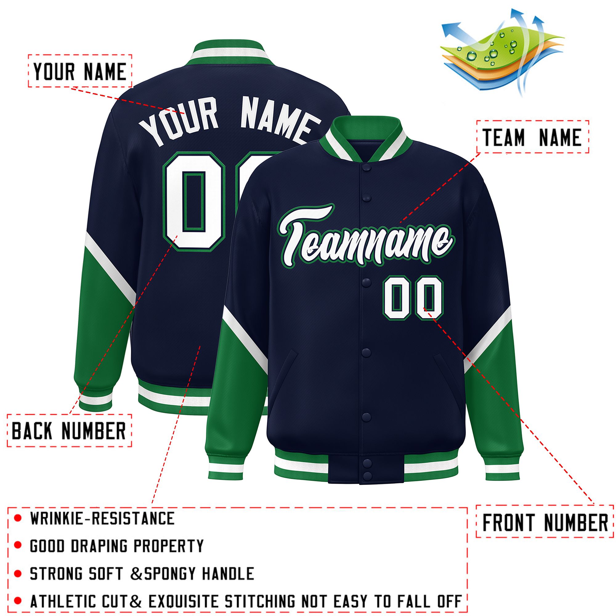 Custom Navy Kelly Green Varsity Full-Snap Color Block Letterman Baseball Jacket