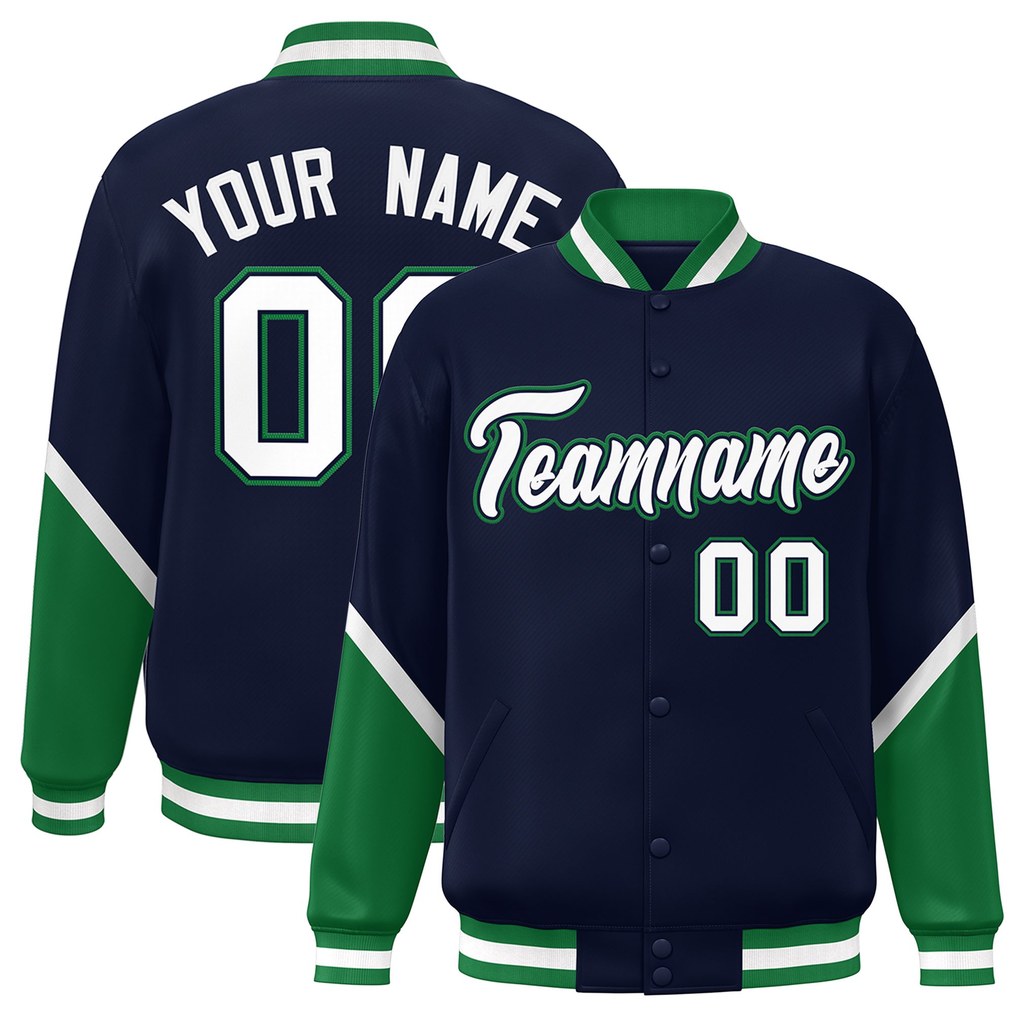 Custom Navy Kelly Green Varsity Full-Snap Color Block Letterman Baseball Jacket