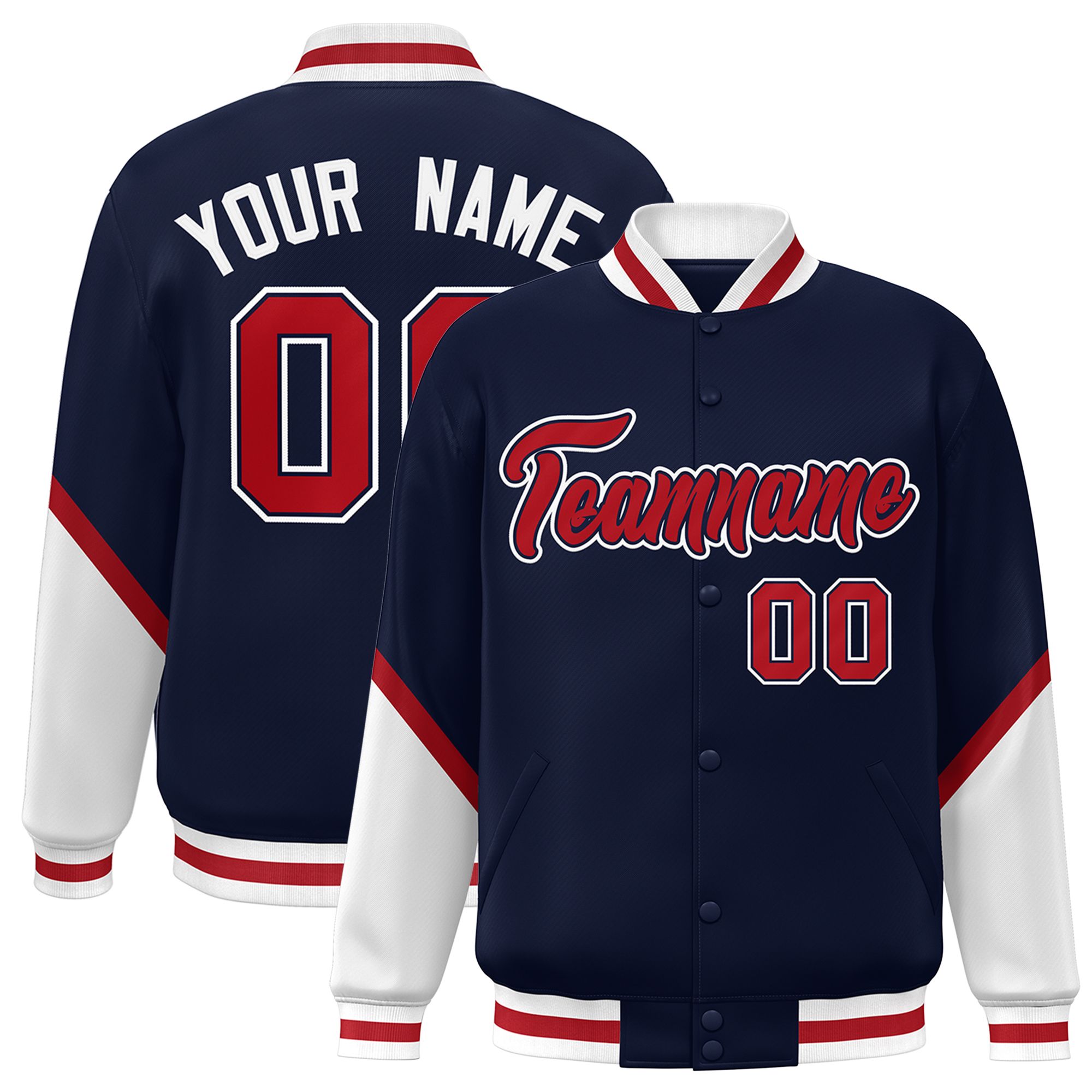 Custom Navy White Varsity Full-Snap Color Block Letterman Baseball Jacket