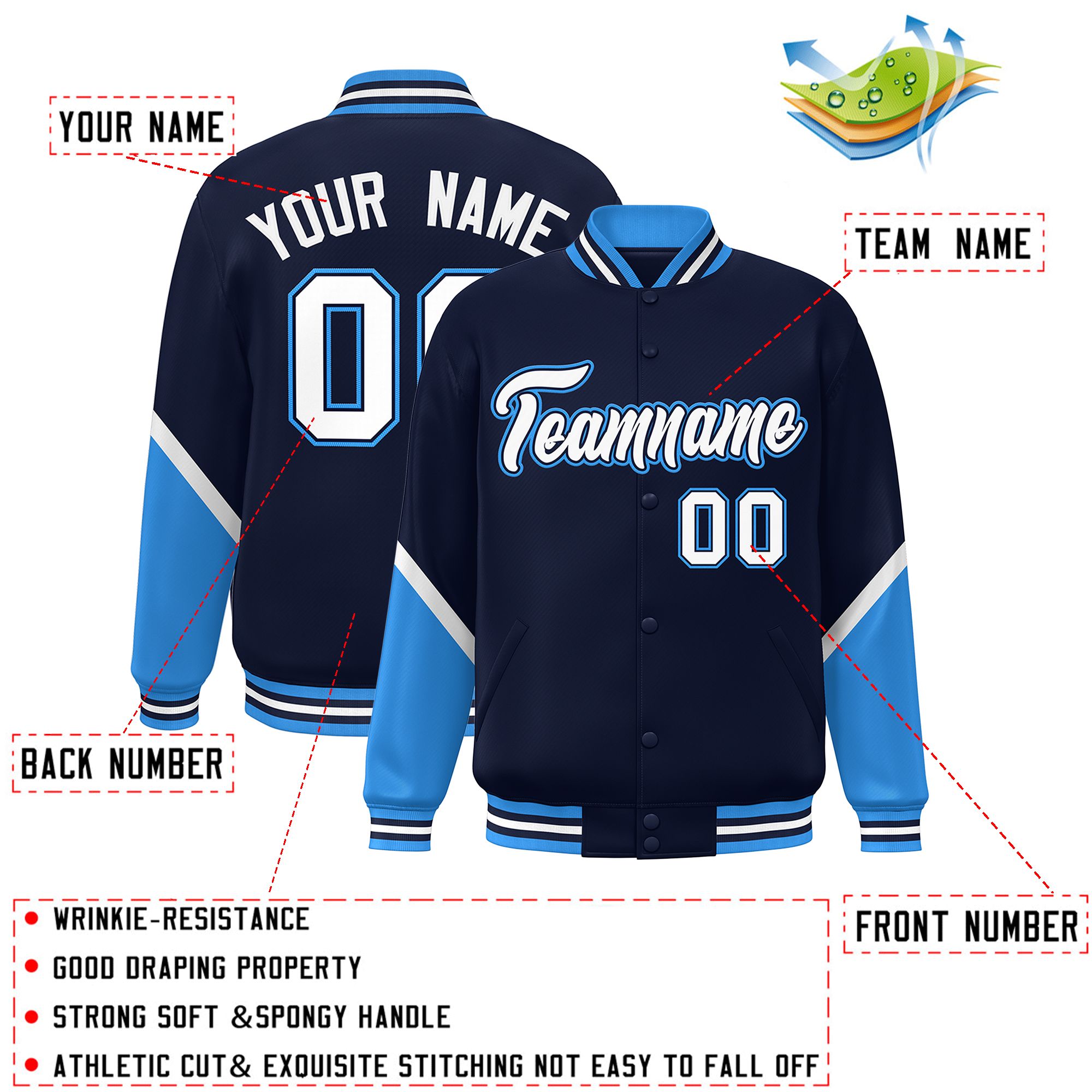 Custom Navy Powder Blue Varsity Full-Snap Color Block Letterman Baseball Jacket