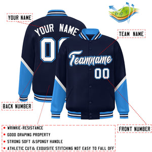 Custom Navy Powder Blue Varsity Full-Snap Color Block Letterman Baseball Jacket