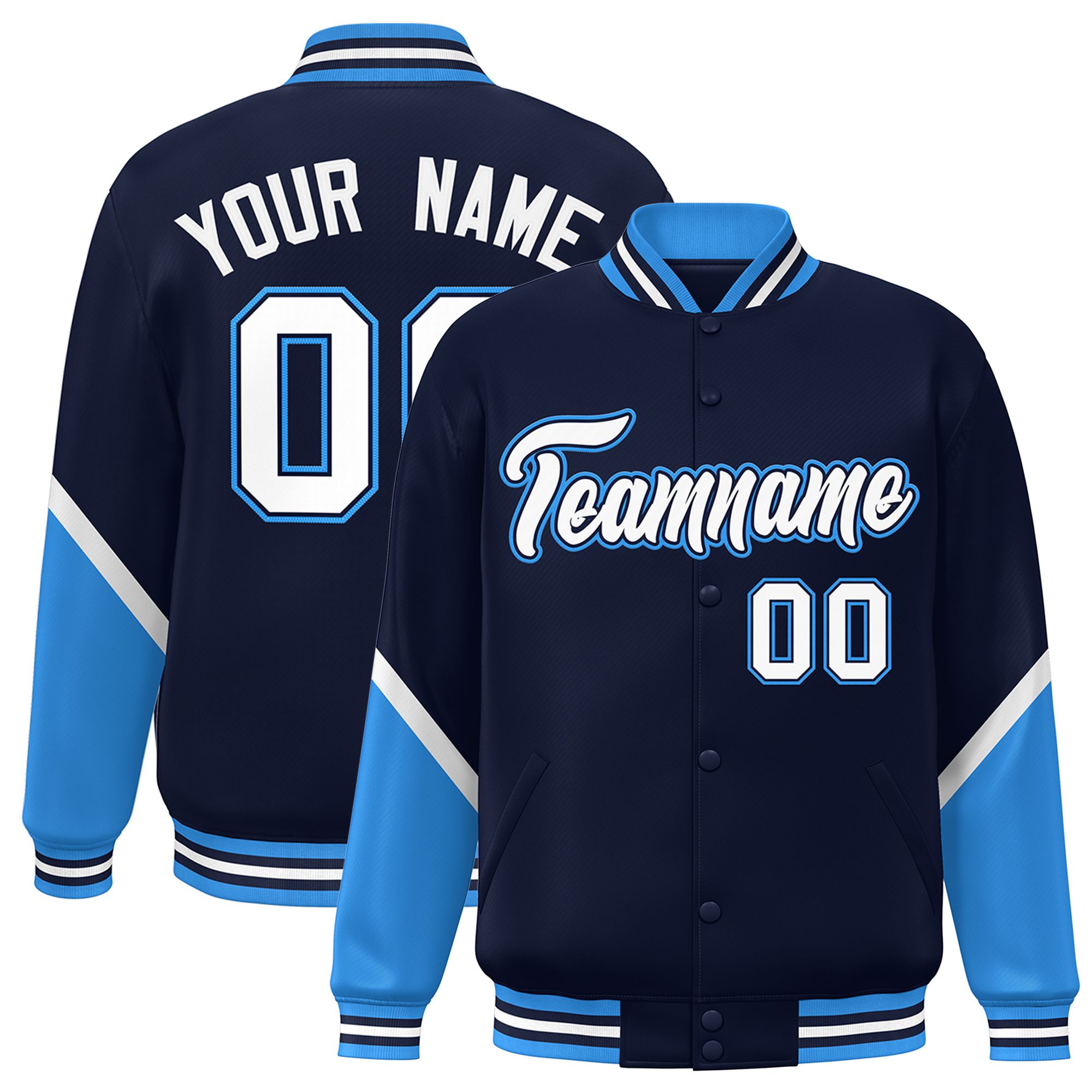 Custom Navy Powder Blue Varsity Full-Snap Color Block Letterman Baseball Jacket