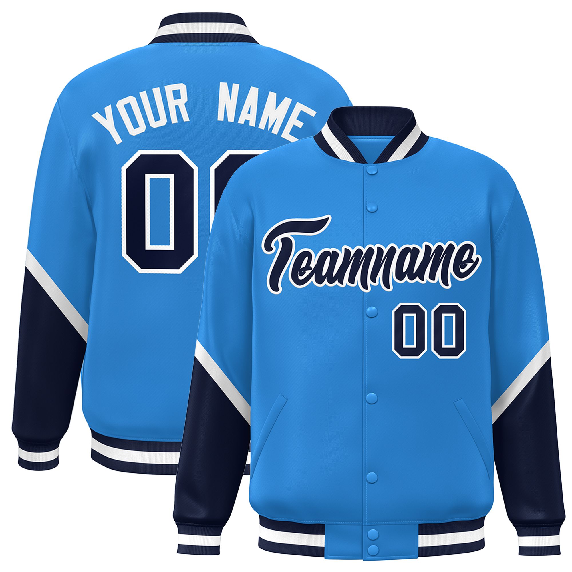 Custom Powder Blue Navy Varsity Full-Snap Color Block Letterman Baseball Jacket