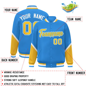 Custom Powder Blue Gold Varsity Full-Snap Color Block Letterman Baseball Jacket