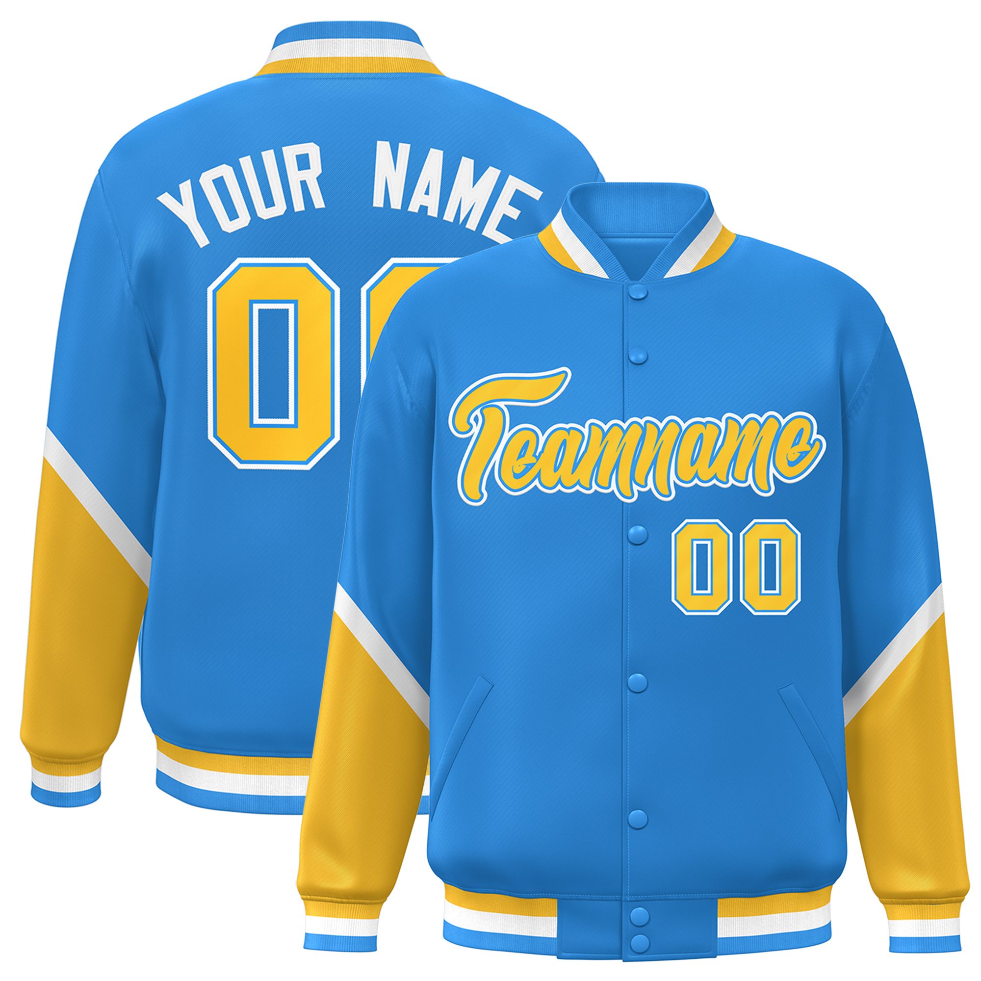 Custom Powder Blue Gold Varsity Full-Snap Color Block Letterman Baseball Jacket