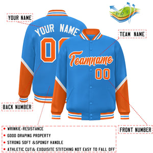 Custom Powder Blue Orange Varsity Full-Snap Color Block Letterman Baseball Jacket