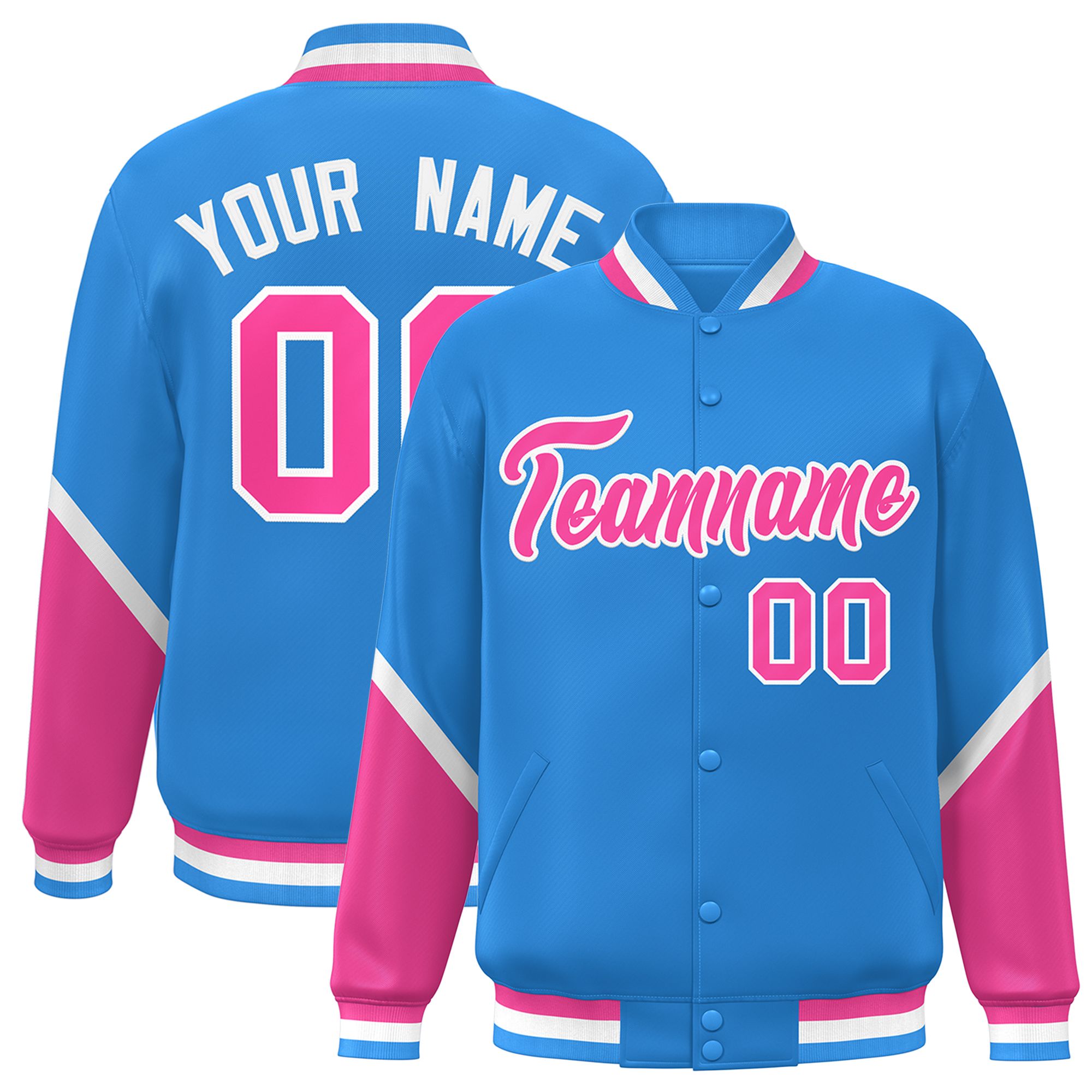 Custom Powder Blue Pink Varsity Full-Snap Color Block Letterman Baseball Jacket