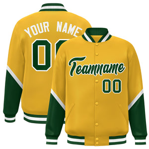 Custom Gold Green Varsity Full-Snap Color Block Letterman Baseball Jacket