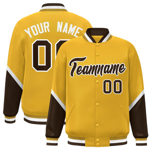 Custom Gold Brown Varsity Full-Snap Color Block Letterman Baseball Jacket