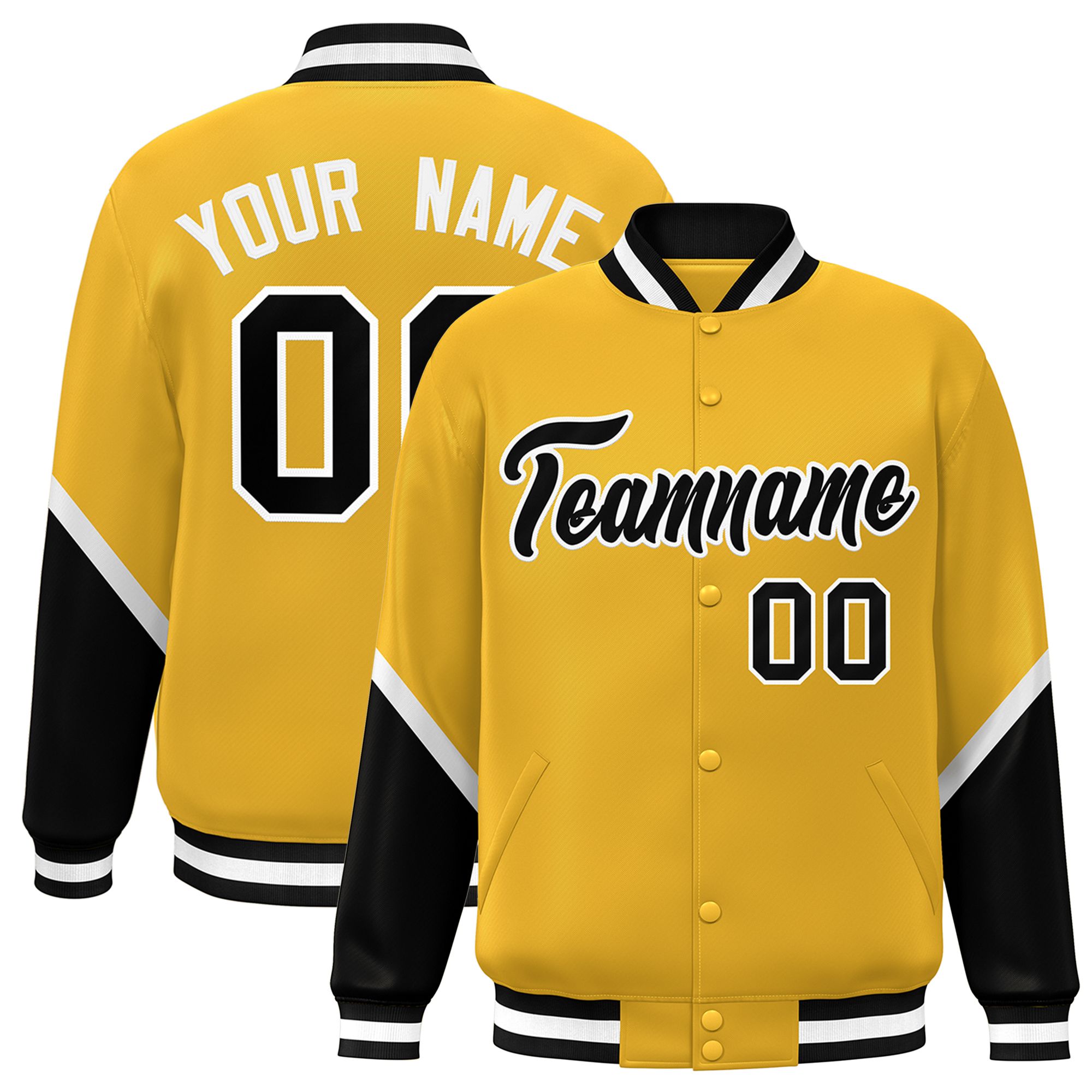 Custom Gold Black Varsity Full-Snap Color Block Letterman Baseball Jacket